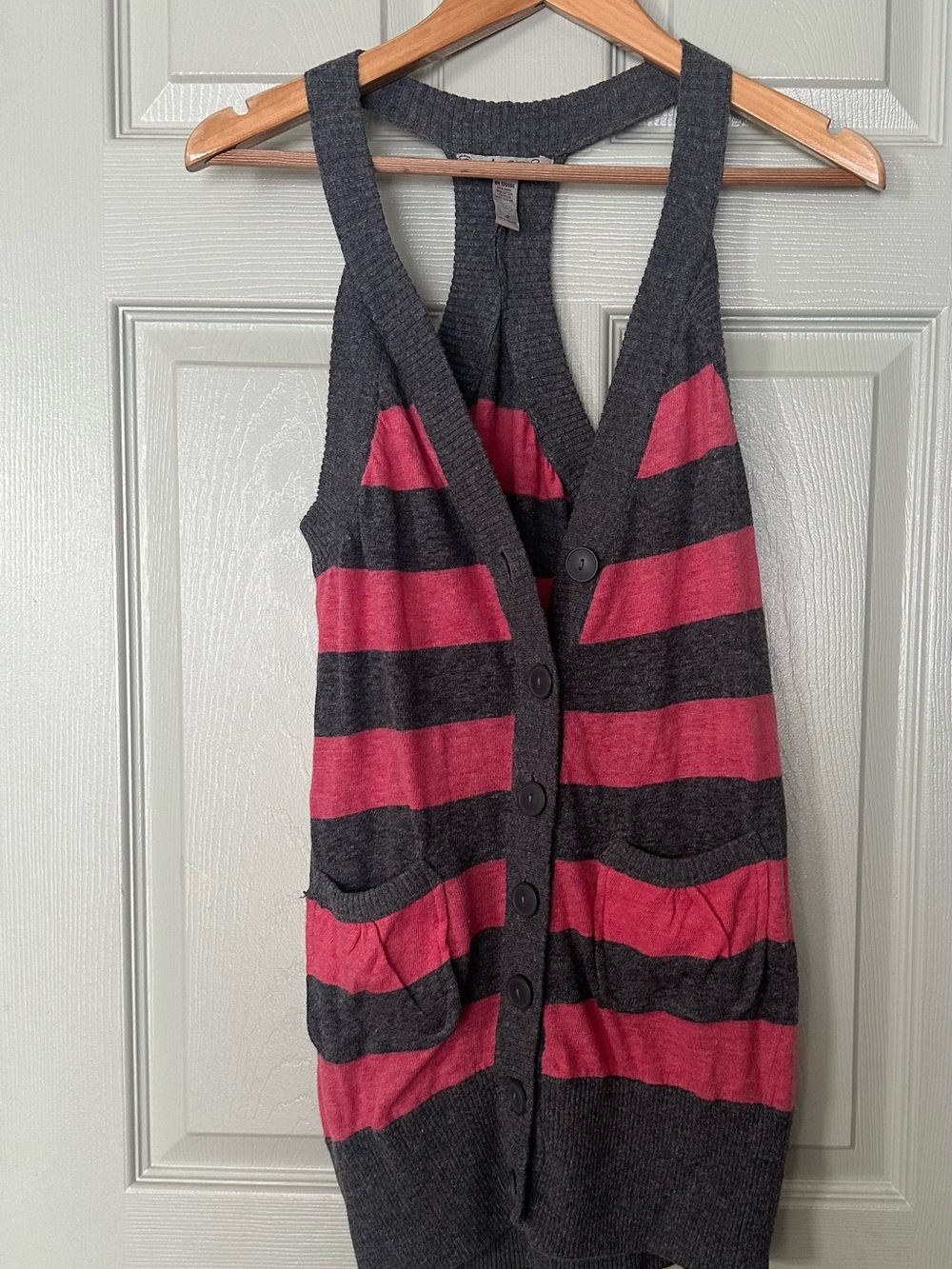 American Rag Charcoal Gray and Magenta Striped Buttoned Knit Vest
